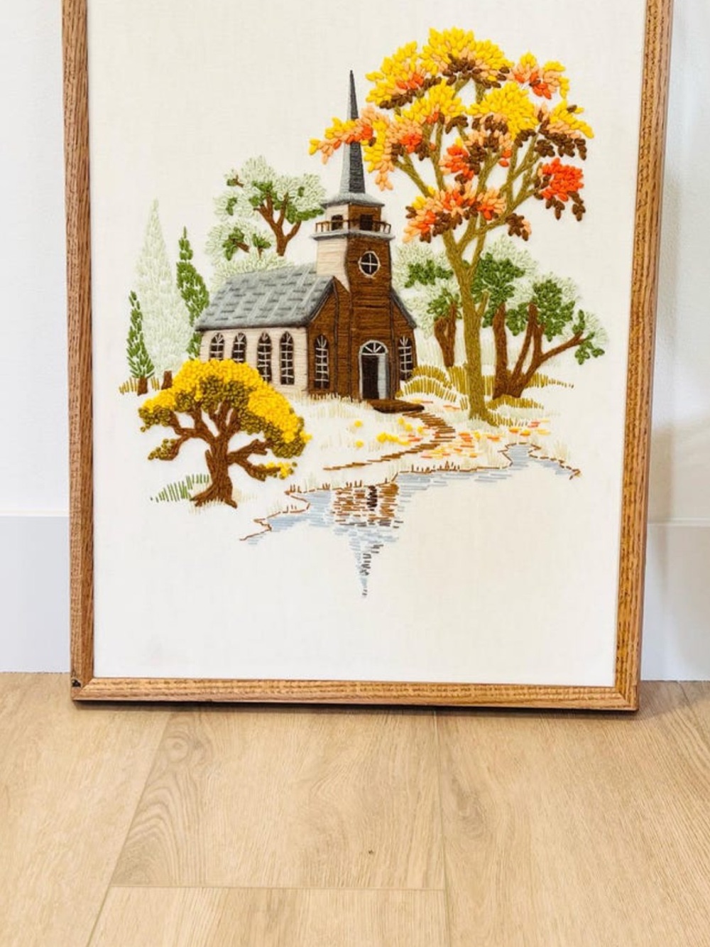 Vintage Creative Circle “Little Church by the Lake” Crewel Embroidery Completed